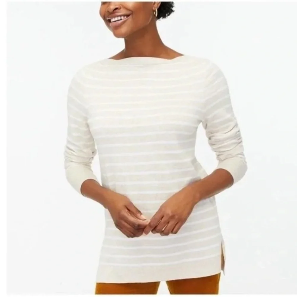 J. Crew Striped boatneck tunic sweater tan ivory thin stripe cotton BC543 medium - Picture 2 of 11
